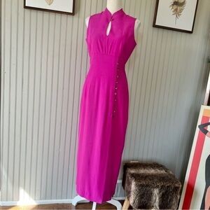 Georgiou Vintage Silk Pink Mock Neck Sleeveless Fitted Midi Dress Size Small
